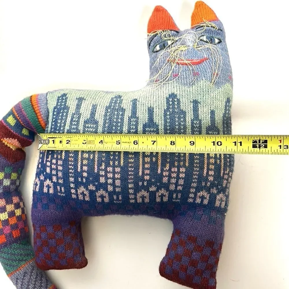 Pair Vintage 1986 Handloomed Wool Folk Art Cat Pillows Soft Sculptures Signed